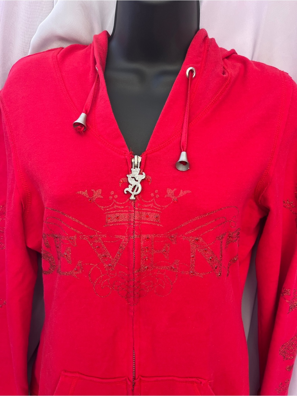 Seven7 Red Zip-Up Hoodie with Glitter Logo & Crown Charm